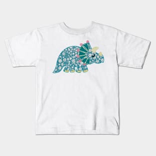 Vintage floral Triceratops Dinosaur on red background Kids T-Shirt